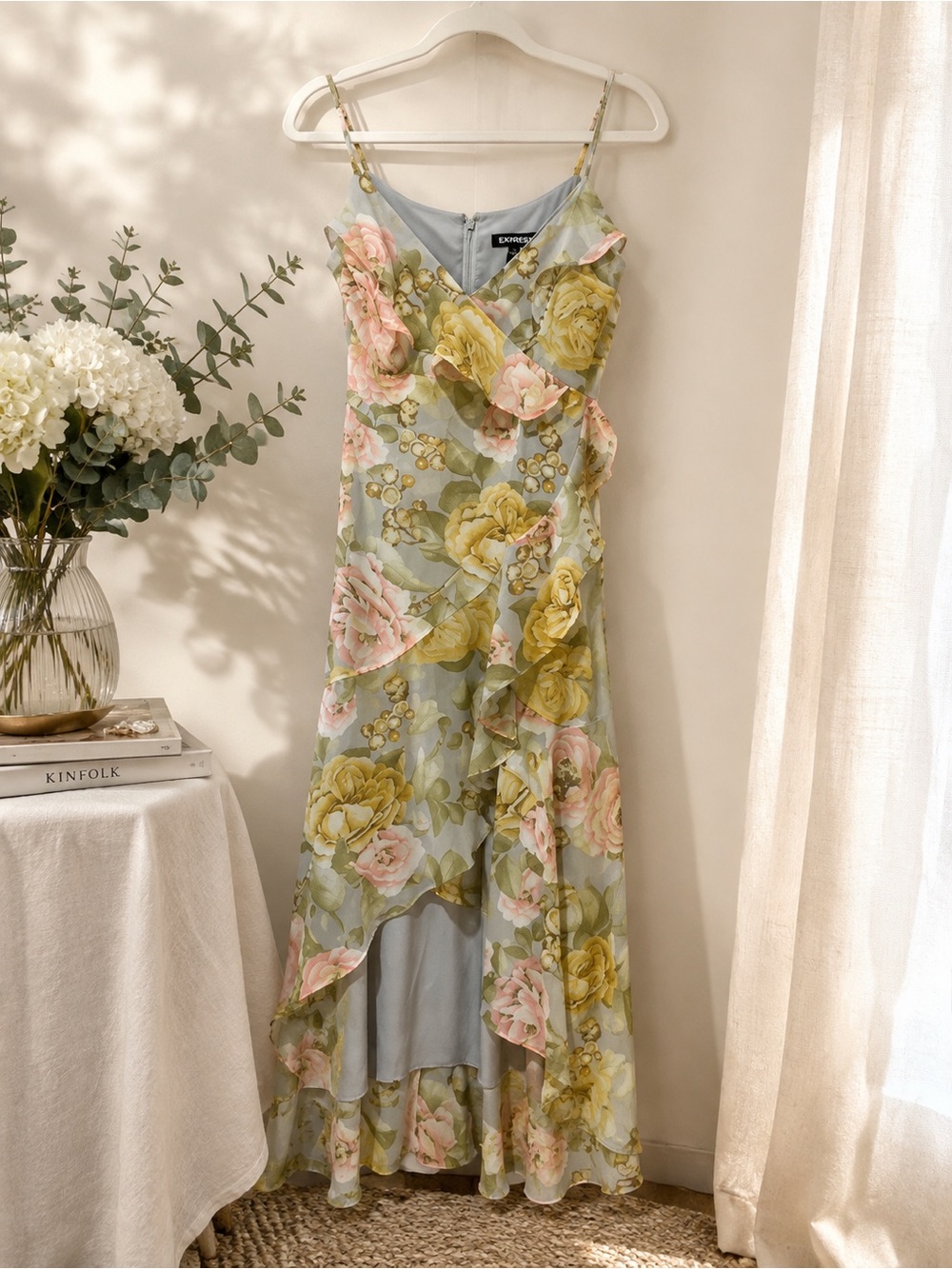 Express Pastel Green Floral Ruffle Maxi Dress